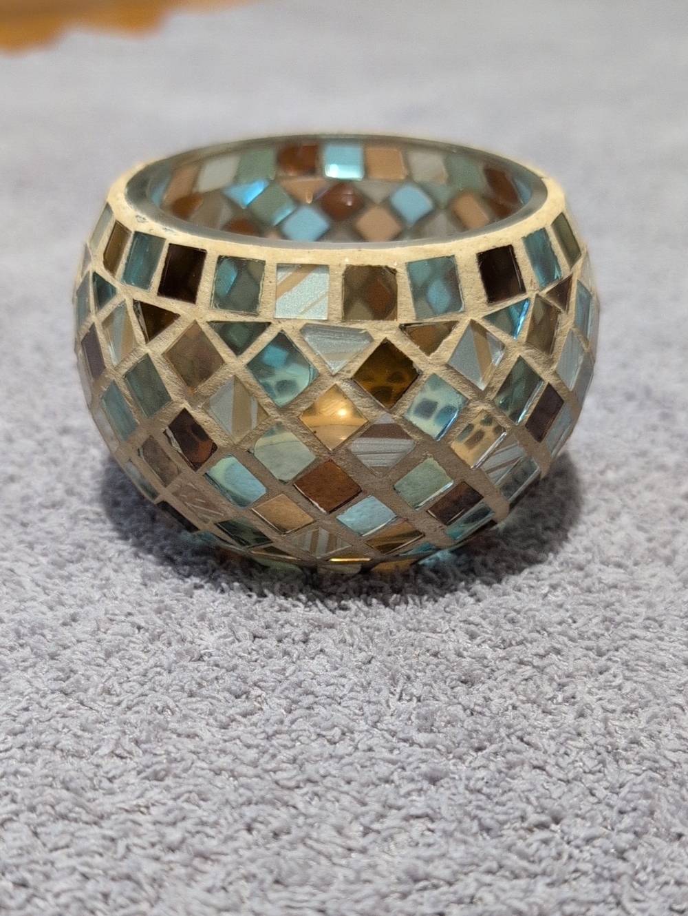 Mosaic Glass Tea Light Holder - Aqua, Gold, Brown